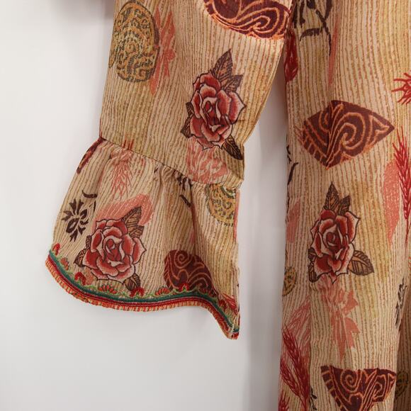 Zara Dress Tan Leaf Floral Pattern Nude Beige Bell Sleeve Embroidered Neckline M - Picture 8 of 12